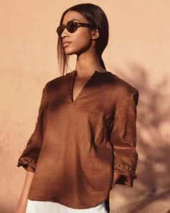 Women's Sienna Linen Top Tan Brown PRE-ORDER -Cozy Fashion Shop 2311 AS NPEAL 02 0172