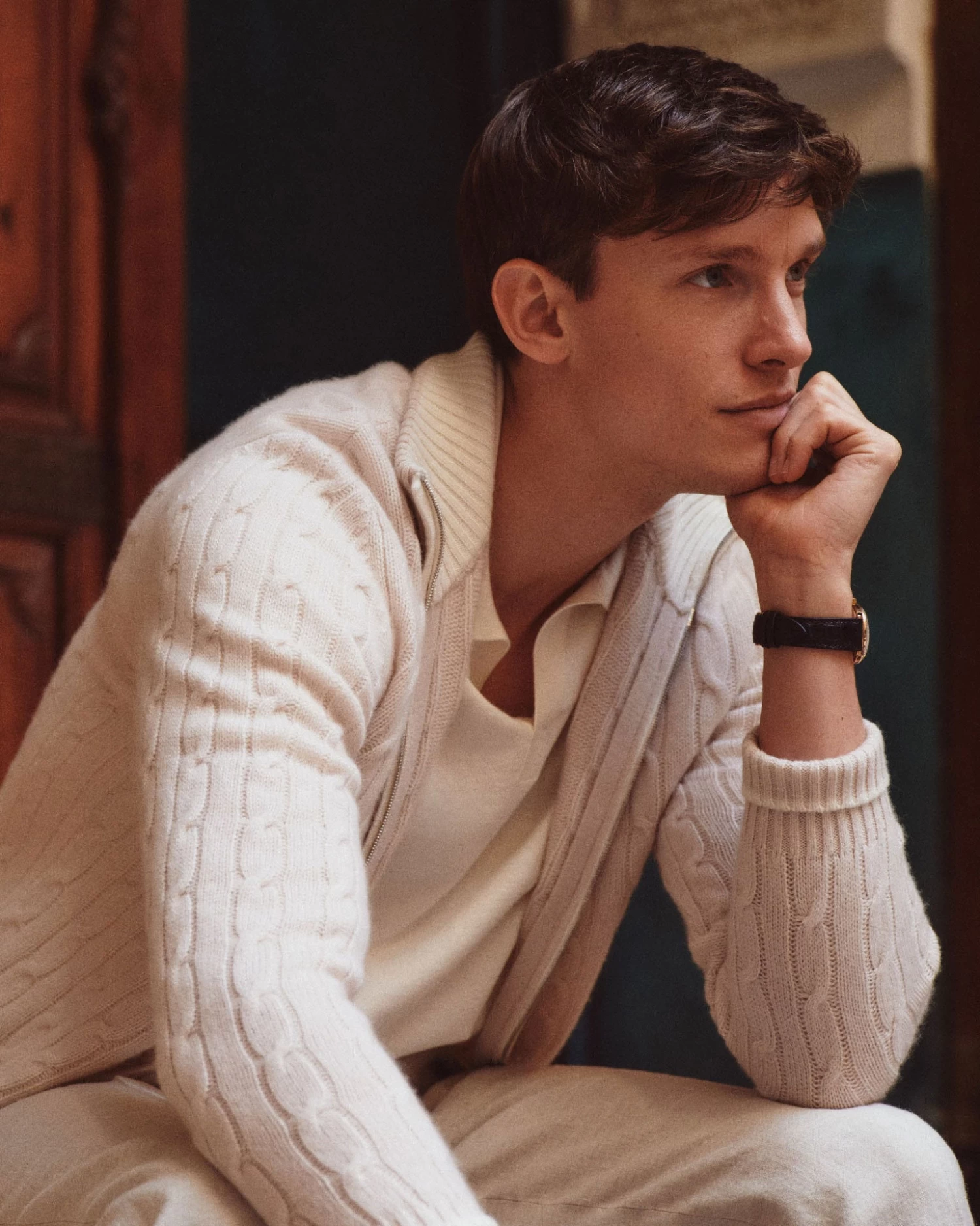 Men's Contrast Cable Full Zip Cashmere Jumper Ecru White 8 Men's Contrast Cable Full Zip Cashmere Jumper Ecru White - Image 6