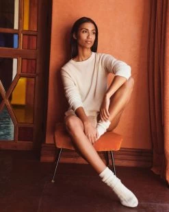 Women's Dip Dye Round Neck Cashmere Jumper Almond White -Cozy Fashion Shop 2311 AS NPEAL 15 1238