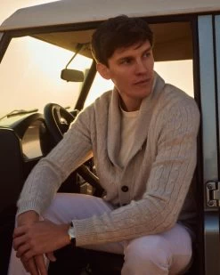 Men's Garrick Shawl Cable Cashmere Cardigan Pebble Grey -Cozy Fashion Shop 2311 AS NPEAL 34 2351 4