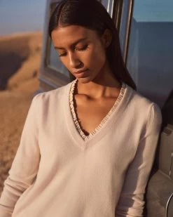Women's Ruffle Trim V Neck Cashmere Jumper Almond White -Cozy Fashion Shop 2311 AS NPEAL 35 2370 2