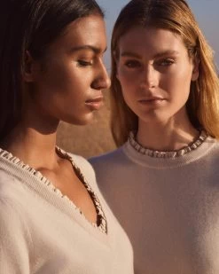 Women's Ruffle Trim V Neck Cashmere Jumper Almond White -Cozy Fashion Shop 2311 AS NPEAL 36 2388