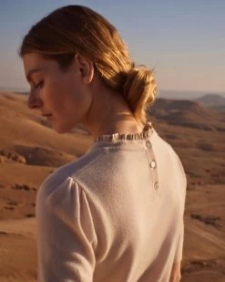 Women's Ruffle Trim Cashmere T-Shirt Almond White 16 Women's Ruffle Trim Cashmere T-Shirt Almond White -Cozy Fashion Shop 2311 AS NPEAL 37 2445