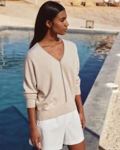 Women's Metal Trim V Neck Cashmere Jumper Ecru White -Cozy Fashion Shop 2311 AS NPEAL 42 2646 1