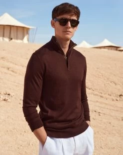 Men's Regent Fine Gauge Cashmere Half Zip Jumper Clove Brown -Cozy Fashion Shop 33 2311 AS NPEAL 45 2746