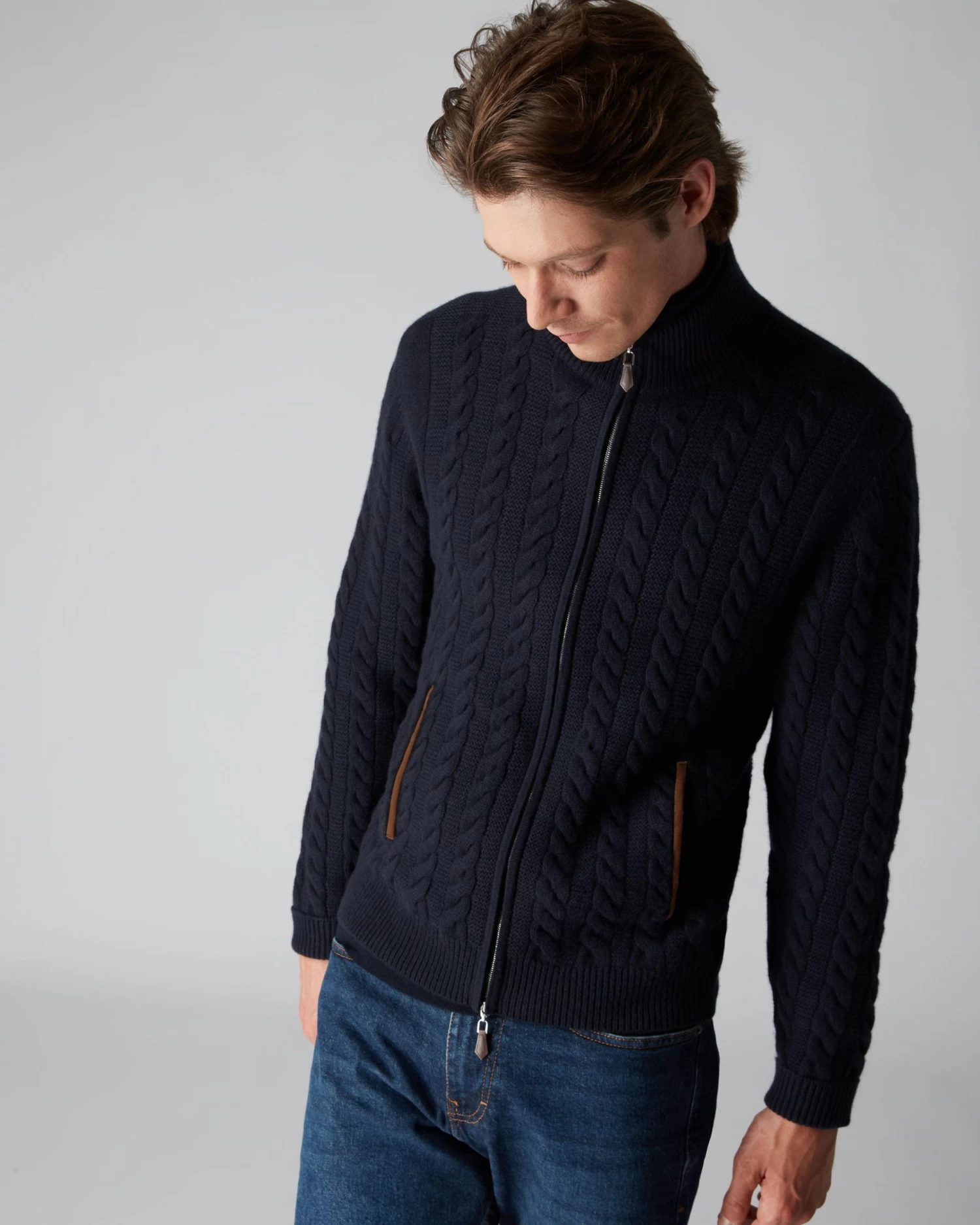 Men's Richmond Cable Cashmere Cardigan Navy Blue 7 Men's Richmond Cable Cashmere Cardigan Navy Blue - Image 5