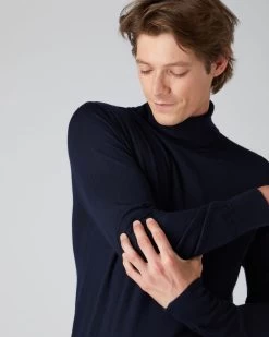 Men's Pimlico Fine Gauge Cashmere Roll Neck Jumper Navy Blue -Cozy Fashion Shop AW21 NPG107701 NVY 5