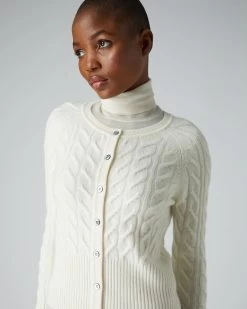 Women's Myla Cable Cashmere Cardigan New Ivory White 11 Women's Myla Cable Cashmere Cardigan New Ivory White -Cozy Fashion Shop AW21 NPW002087 N68 5