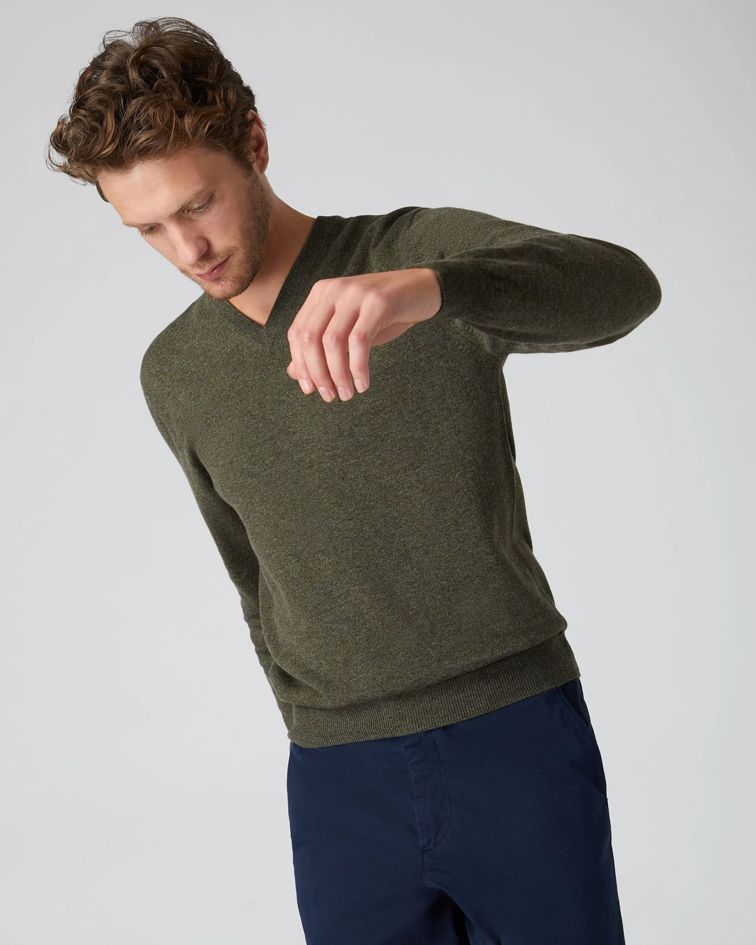 Men's Burlington V Neck Cashmere Jumper Moss Green 3 Men's Burlington V Neck Cashmere Jumper Moss Green