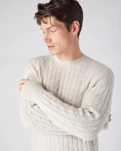 Men's Thames Cable Round Neck Cashmere Jumper Pebble Grey -Cozy Fashion Shop AW23 NPG000071 PBG 1