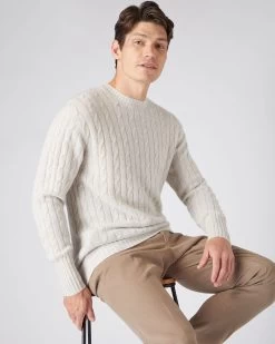 Men's Thames Cable Round Neck Cashmere Jumper Pebble Grey
