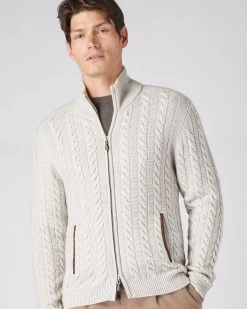 Men's Richmond Cable Cashmere Cardigan Pebble Grey
