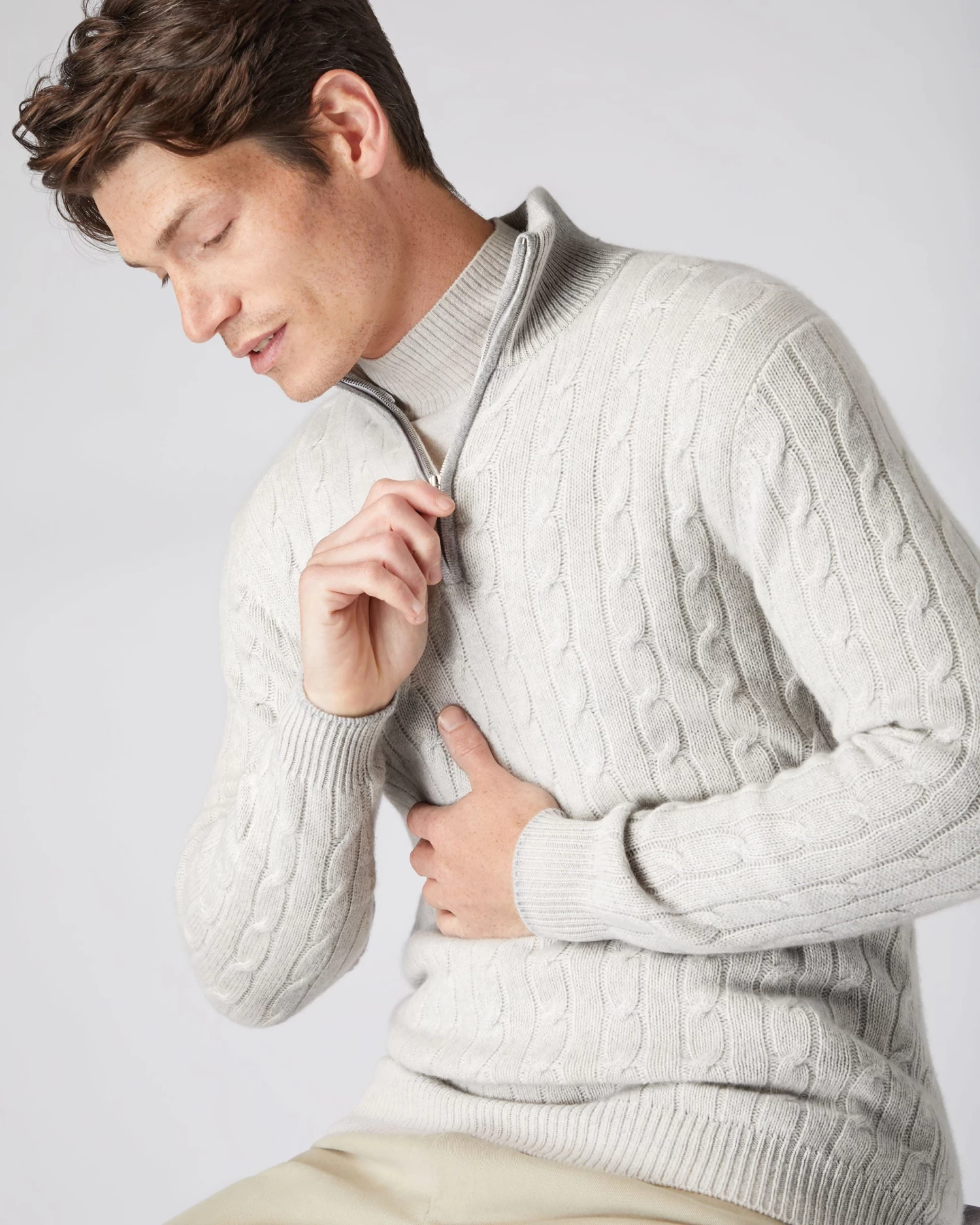 Men's Albemarle Cable Half Zip Cashmere Jumper Pebble Grey 3 Men's Albemarle Cable Half Zip Cashmere Jumper Pebble Grey