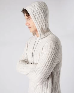 Men's Fitzrovia Cable Cashmere Hoodie Pebble Grey -Cozy Fashion Shop AW23 NPG000467B P46 5