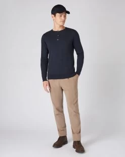 Men's Round Neck Cotton Cashmere Henley Navy Blue -Cozy Fashion Shop AW23 NPG000538JB NVY 3