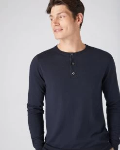 Men's Round Neck Cotton Cashmere Henley Navy Blue -Cozy Fashion Shop AW23 NPG000538JB NVY 5