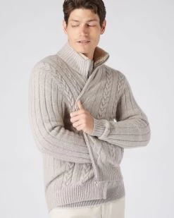 Men's Colorado Cable Fur Trim Cashmere Jacket Basilica Beige Brown Marl