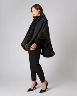 Women's Ayla Fur Trim Cashmere Cape Dark Charcoal Grey -Cozy Fashion Shop AW23 NPW000526 D08 3