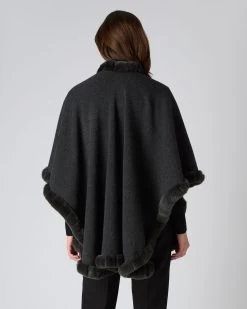 Women's Ayla Fur Trim Cashmere Cape Dark Charcoal Grey -Cozy Fashion Shop AW23 NPW000526 D08 4