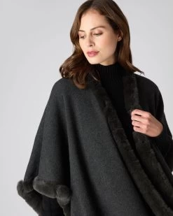 Women's Ayla Fur Trim Cashmere Cape Dark Charcoal Grey -Cozy Fashion Shop AW23 NPW000526 D08 5