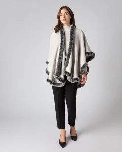Women's Ayla Fur Trim Cashmere Cape Pebble Grey -Cozy Fashion Shop AW23 NPW000526 PGC 3