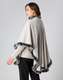 Women's Ayla Fur Trim Cashmere Cape Pebble Grey -Cozy Fashion Shop AW23 NPW000526 PGC 4