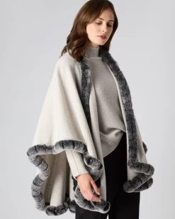 Women's Ayla Fur Trim Cashmere Cape Pebble Grey -Cozy Fashion Shop AW23 NPW000526 PGC 5
