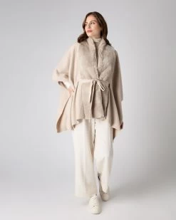 Women's Isabella Fur Trim Cashmere Cape Heather Beige Brown -Cozy Fashion Shop AW23 NPW107577 H22 3