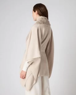 Women's Isabella Fur Trim Cashmere Cape Heather Beige Brown -Cozy Fashion Shop AW23 NPW107577 H22 4