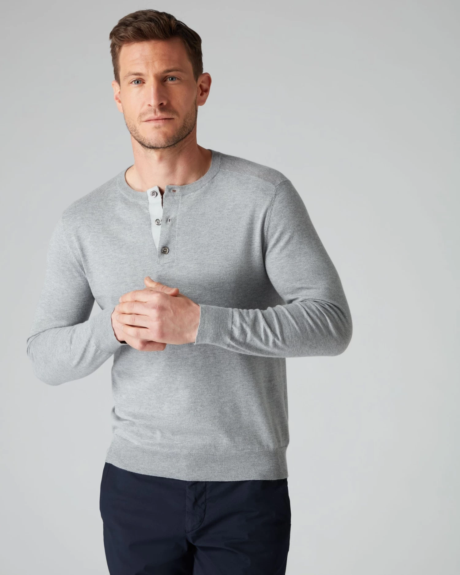 007 Round Neck Cotton Cashmere Henley Light Grey 3 007 Round Neck Cotton Cashmere Henley Light Grey