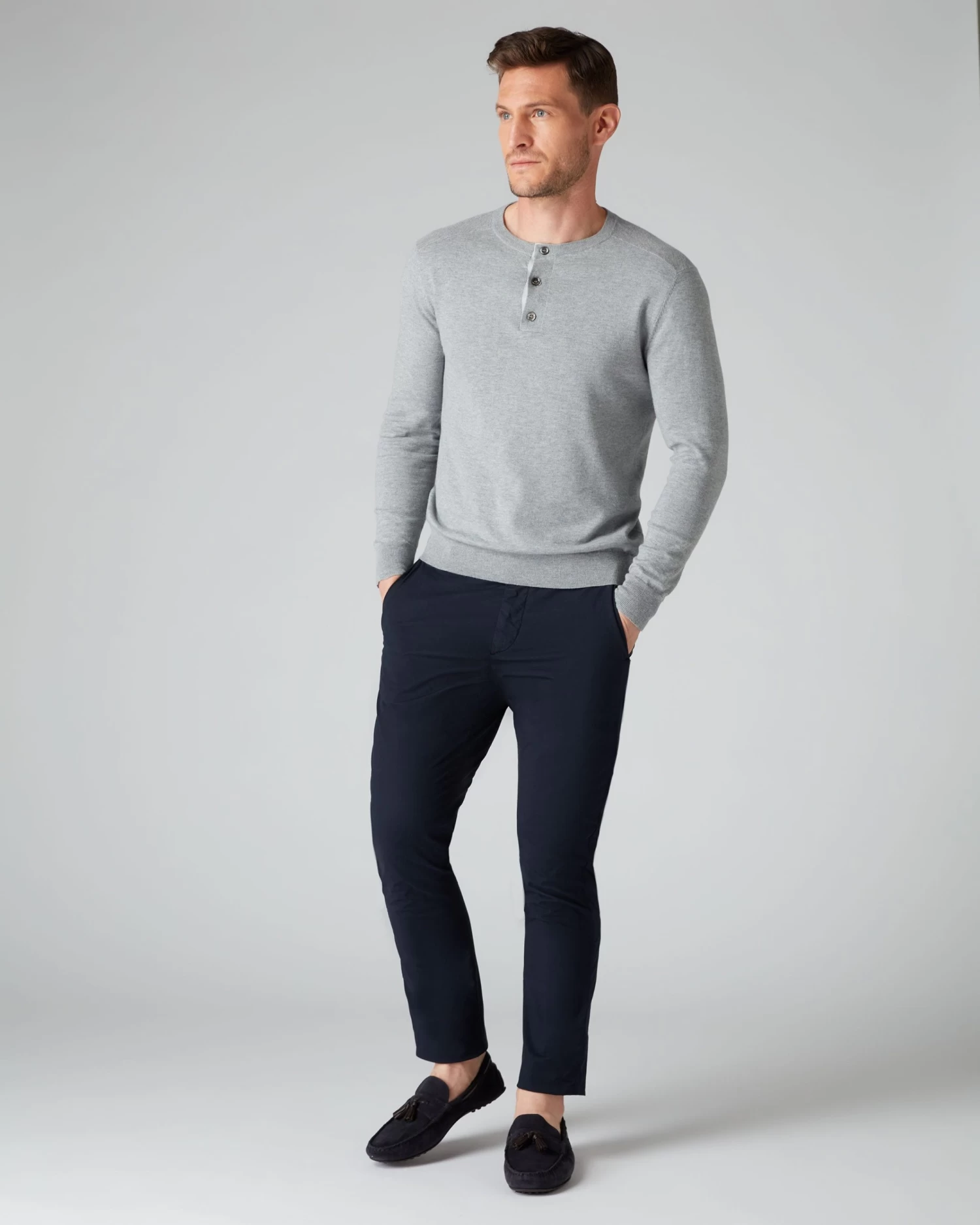 007 Round Neck Cotton Cashmere Henley Light Grey 5 007 Round Neck Cotton Cashmere Henley Light Grey - Image 3