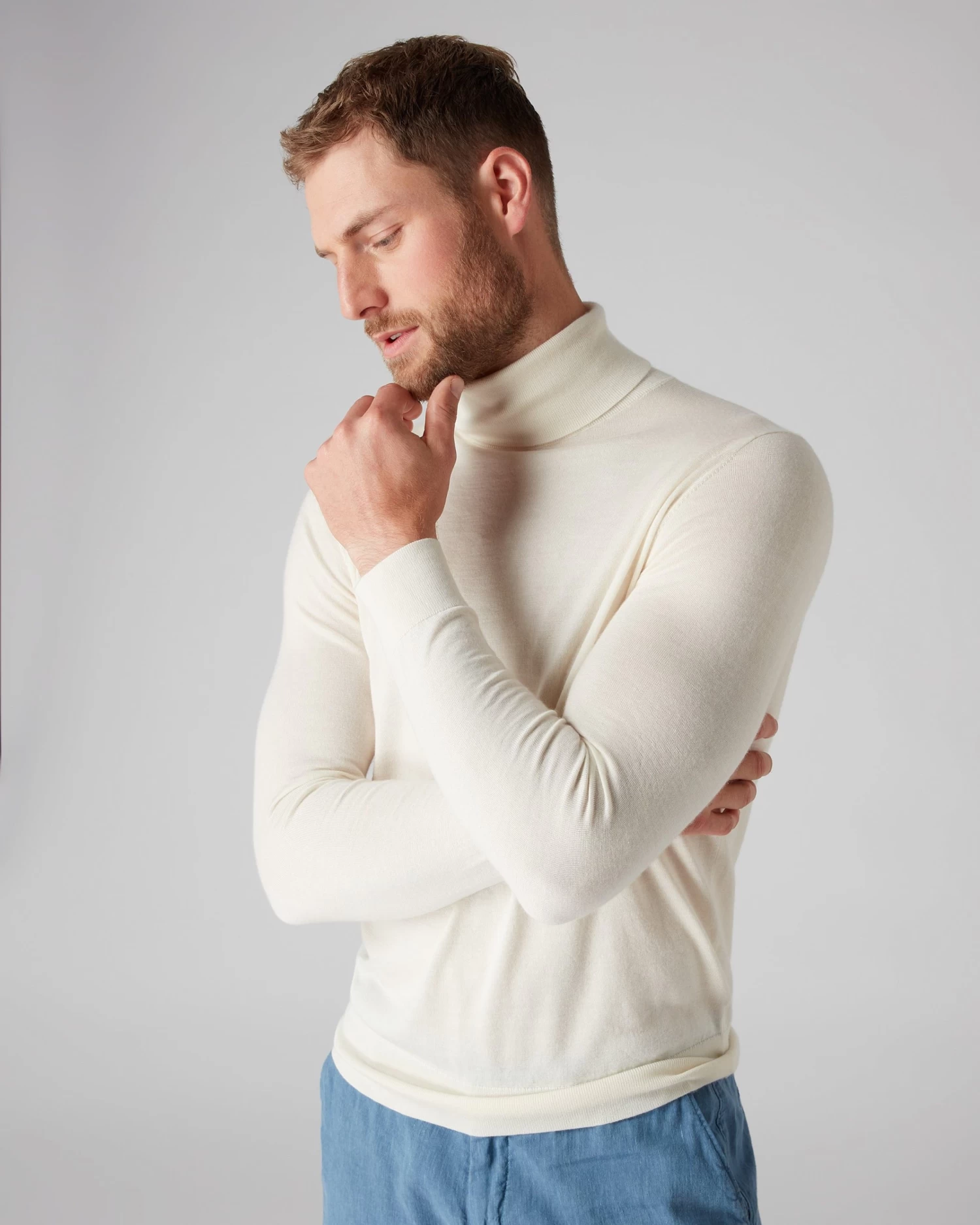 Men's Pimlico Fine Gauge Cashmere Roll Neck Jumper New Ivory White 7 Men's Pimlico Fine Gauge Cashmere Roll Neck Jumper New Ivory White - Image 5