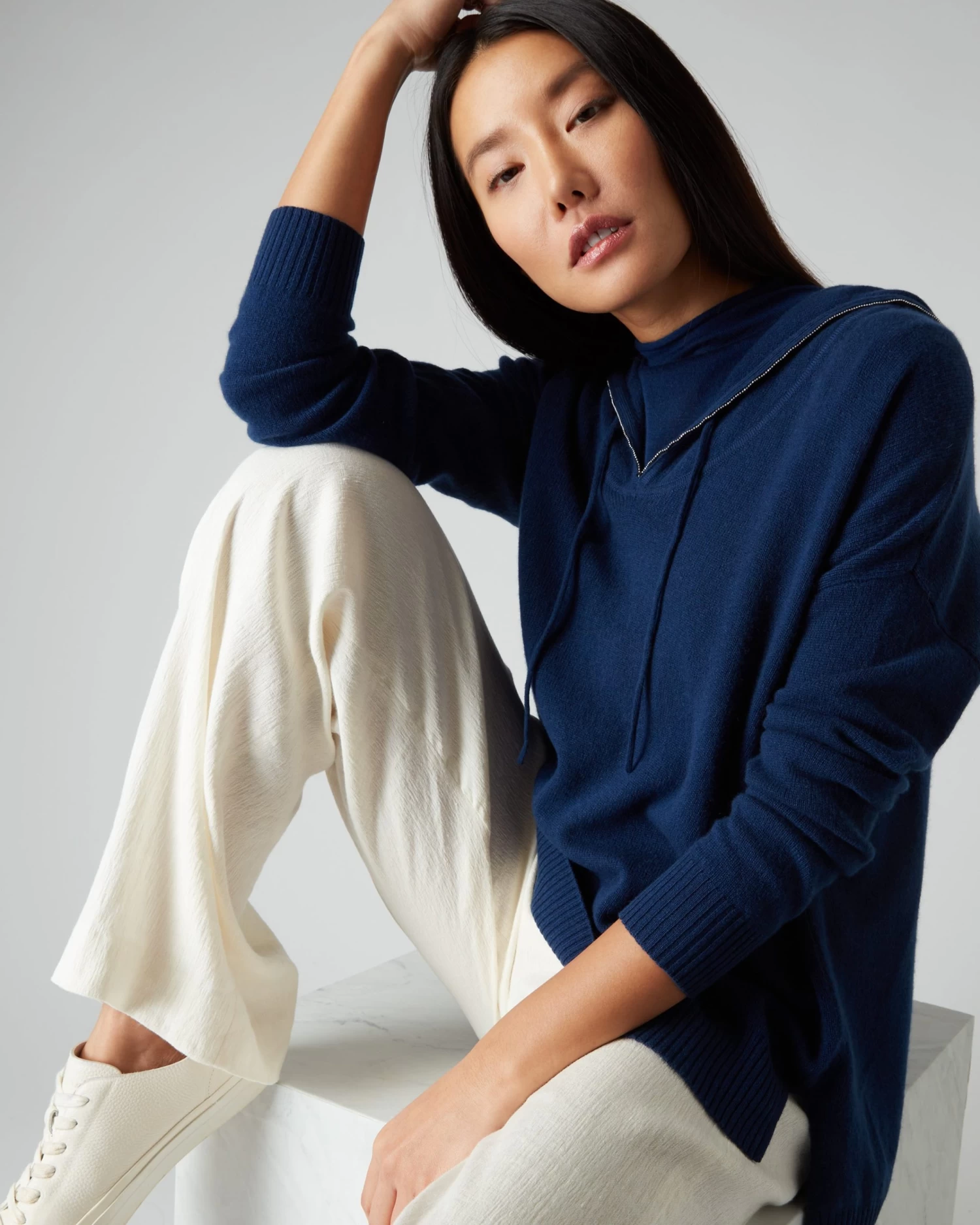 Women's Maya Metal Trim Cashmere Hoodie French Blue 3 Women's Maya Metal Trim Cashmere Hoodie French Blue