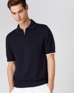 Men's Polo Zip Cotton Cashmere T-Shirt Navy Blue