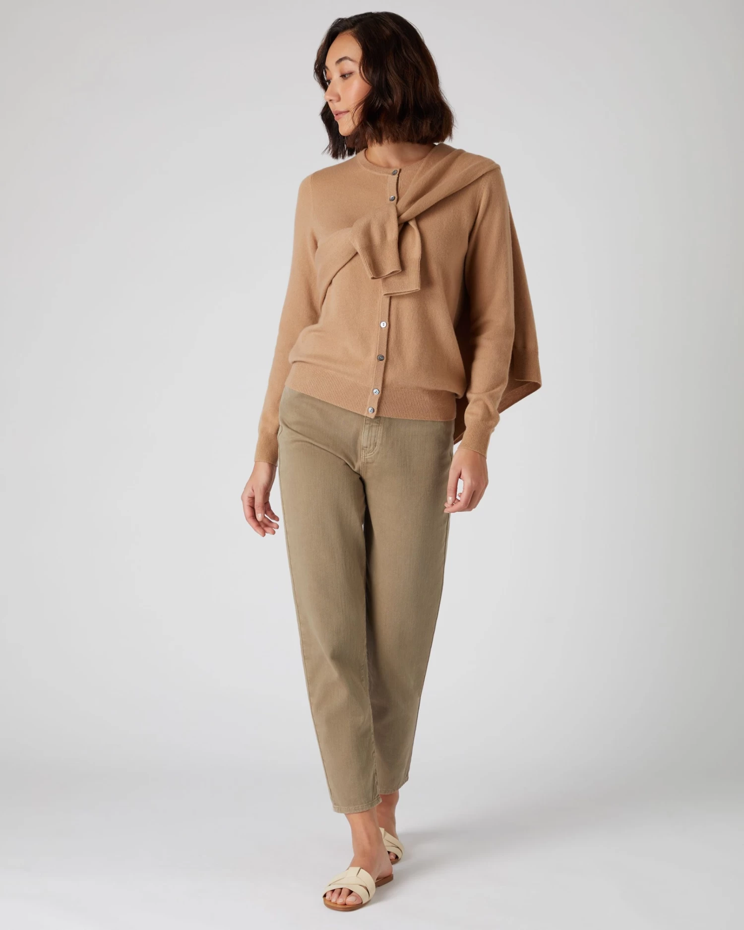 Women's Olivia Round Neck Cashmere Cardigan Sahara Brown 5 Women's Olivia Round Neck Cashmere Cardigan Sahara Brown - Image 3