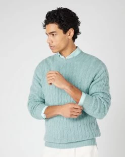 Men's Thames Cable Round Neck Cashmere Jumper Oasis Green