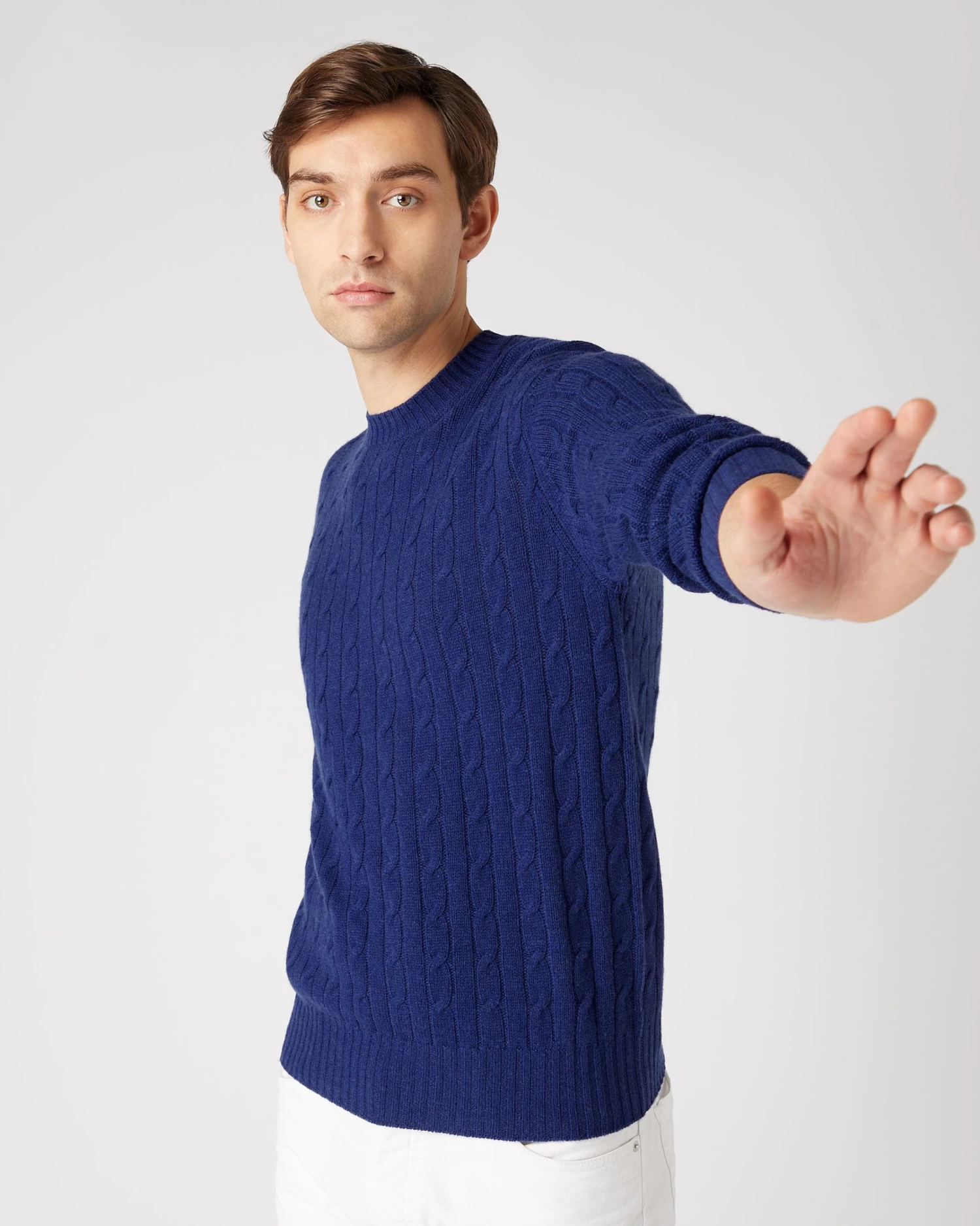 Men's Thames Cable Round Neck Cashmere Jumper Sapphire Blue 3 Men's Thames Cable Round Neck Cashmere Jumper Sapphire Blue