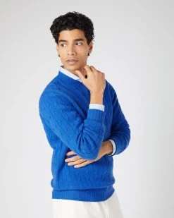 Men's Thames Cable Round Neck Cashmere Jumper Sonic Blue