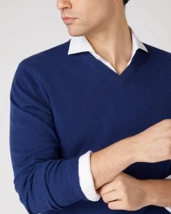 Men's Burlington V Neck Cashmere Jumper Sapphire Blue -Cozy Fashion Shop SS24 NPG000106 S63 5