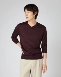 Men's Conduit Fine Gauge Cashmere V Neck Jumper Clove Brown