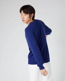 Men's Oxford Round Neck Cashmere Jumper Sapphire Blue -Cozy Fashion Shop SS24 NPG000132R S63 4