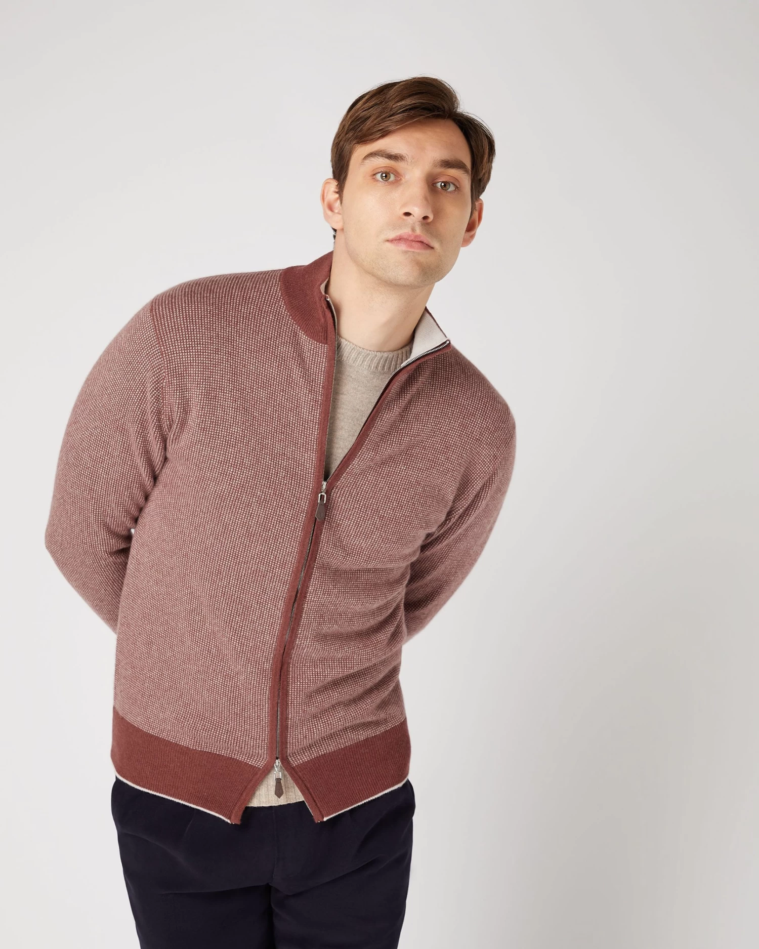 Men's Knightsbridge Birdseye Full Zip Cashmere Jumper Terracotta Brown 3 Men's Knightsbridge Birdseye Full Zip Cashmere Jumper Terracotta Brown