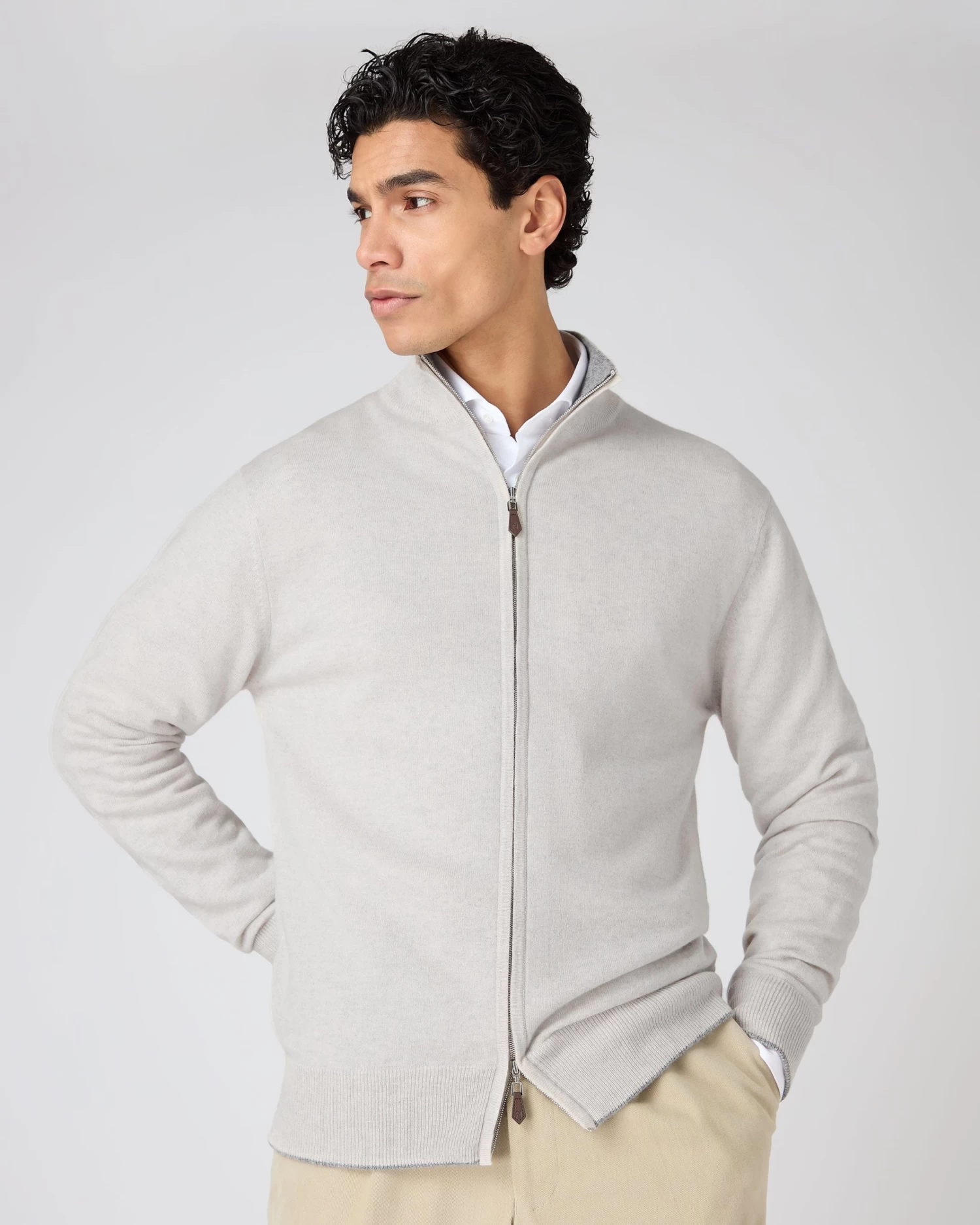 Men's Knightsbridge Full Zip Cashmere Jumper Pebble Grey 3 Men's Knightsbridge Full Zip Cashmere Jumper Pebble Grey