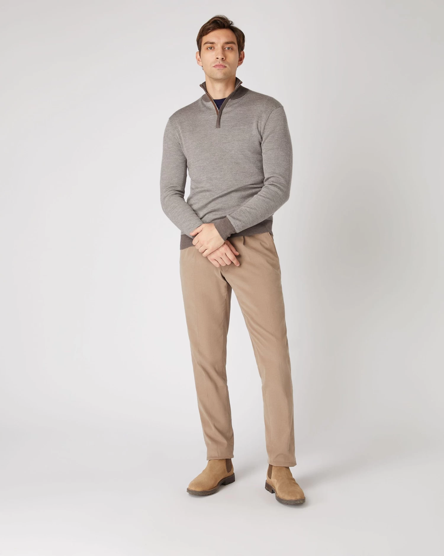 Men's Regent Birdseye Fine Gauge Cashmere Half Zip Jumper Taupe Brown 5 Men's Regent Birdseye Fine Gauge Cashmere Half Zip Jumper Taupe Brown - Image 3