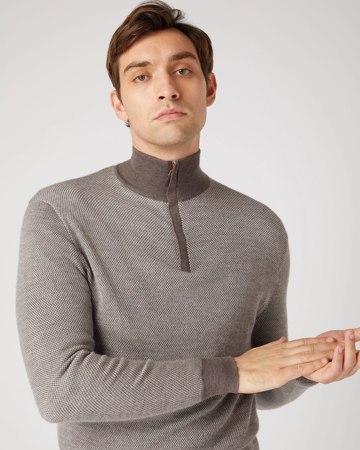 Men's Regent Birdseye Fine Gauge Cashmere Half Zip Jumper Taupe Brown 7 Men's Regent Birdseye Fine Gauge Cashmere Half Zip Jumper Taupe Brown - Image 5