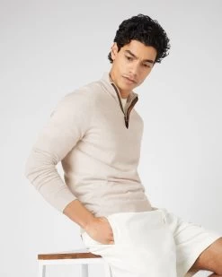 Men's Regent Fine Gauge Cashmere Half Zip Jumper Sandstone Brown