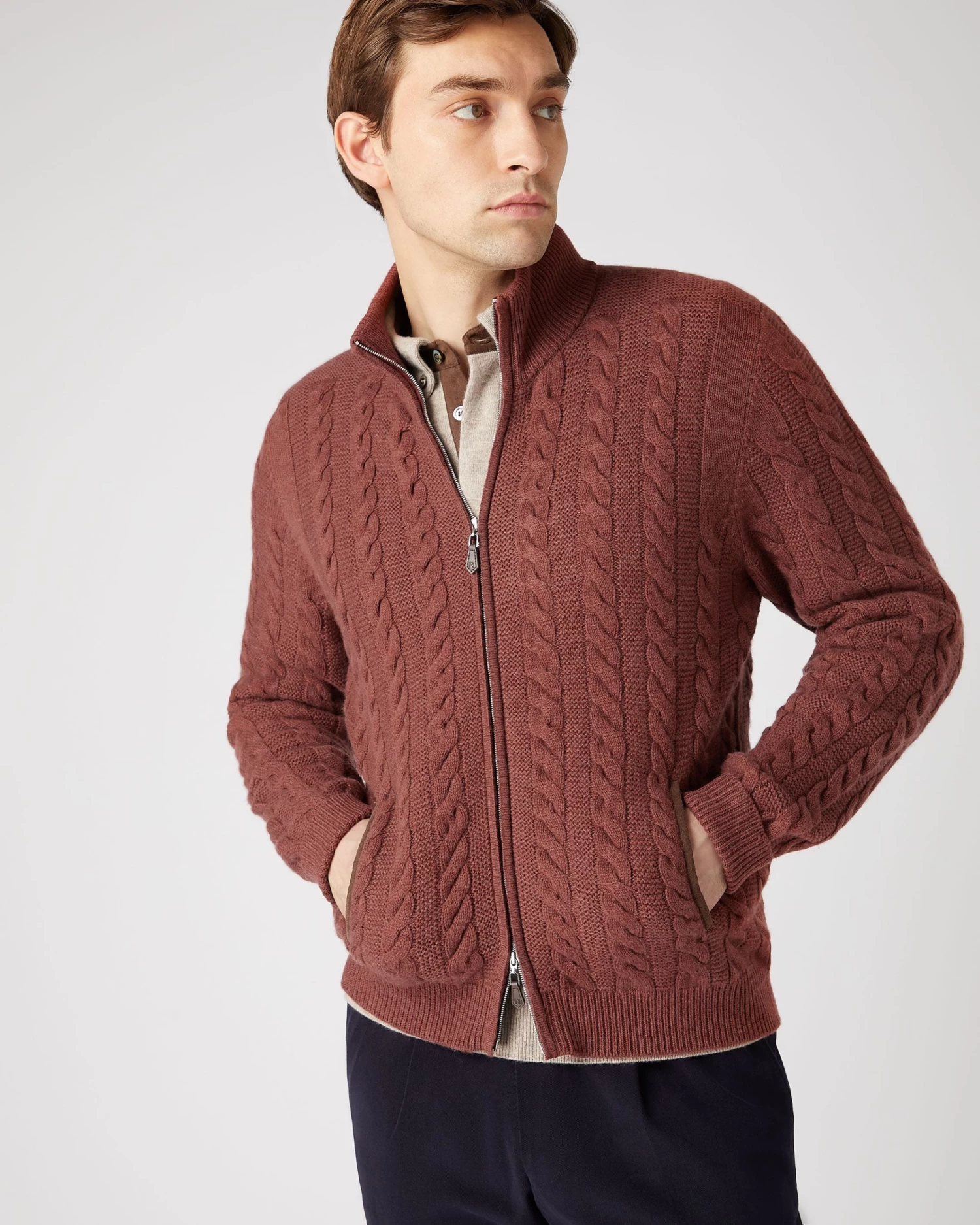Men's Richmond Cable Cashmere Cardigan Terracotta Brown 3 Men's Richmond Cable Cashmere Cardigan Terracotta Brown