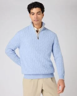 Men's Albemarle Cable Half Zip Cashmere Jumper Cornflower Blue