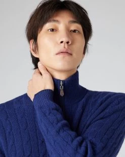 Men's Albemarle Cable Half Zip Cashmere Jumper Sapphire Blue -Cozy Fashion Shop SS24 NPG000414 SBF 5