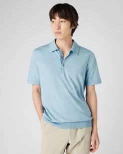Men's Polzeath Cotton Cashmere Polo T-Shirt Cornflower Blue